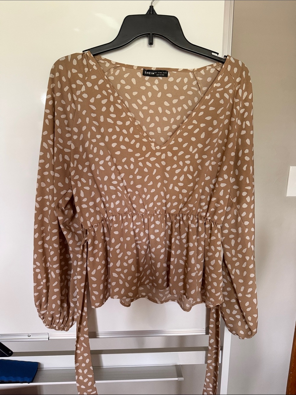 SHEIN Tan V-Neck Peplum Blouse with White Spot Print